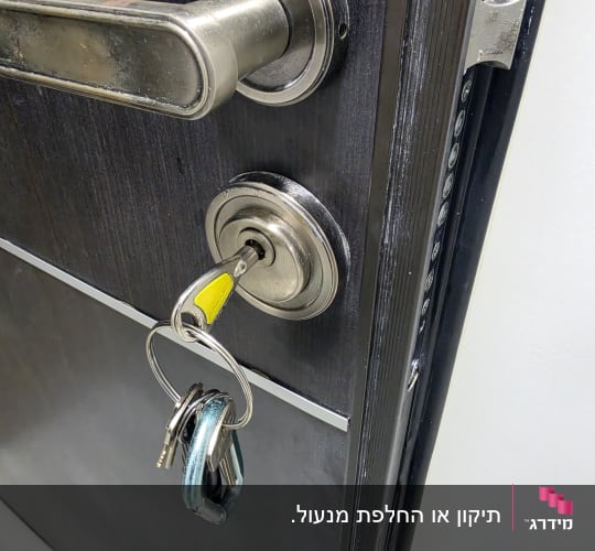צרור מפתחות עם מפתח מוכנס לצילינדר בדלת כניסה